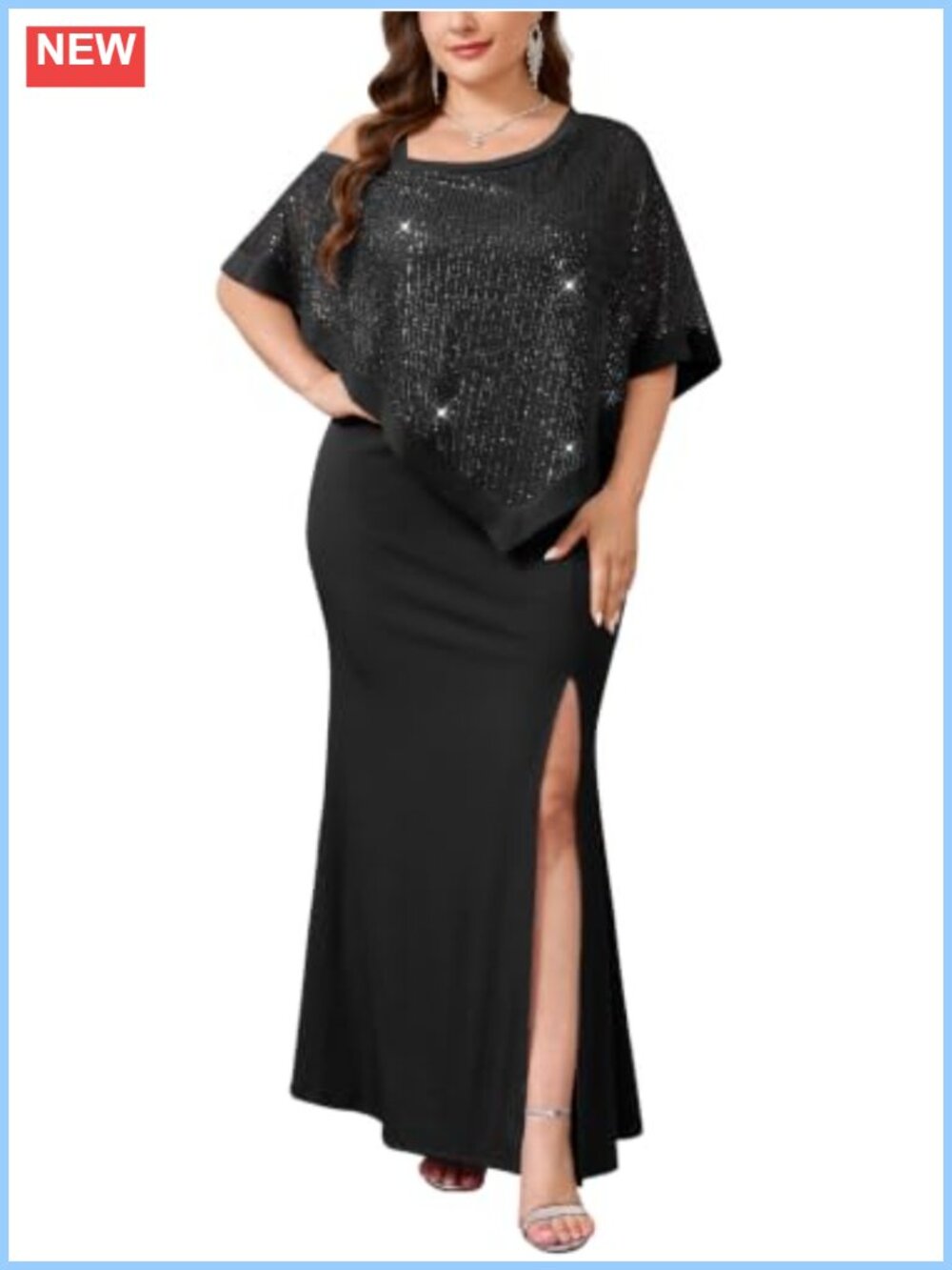 Plus Size Sequin Asymmetric Cape Mermaid Maxi Dress Side Slit Formal Evening